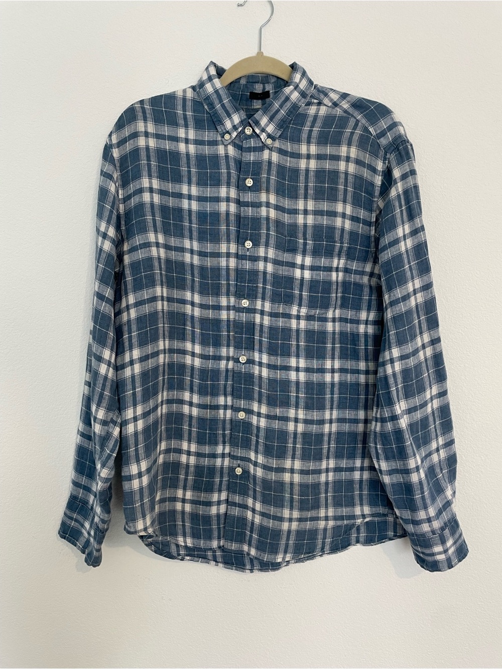 J Crew Blue Plaid Linen Button-Down Men's Shirt